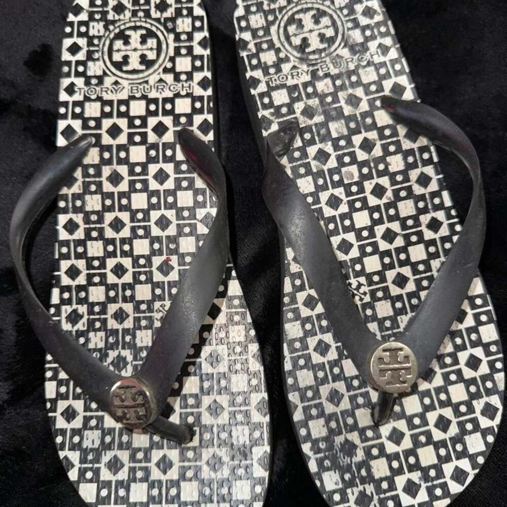 Tory Burch Black And White Geometric Wedge Flip Flops